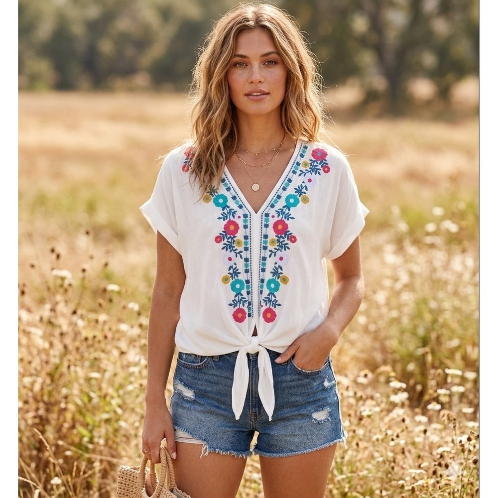 Entro White Floral Embroidered Tie Front V-Neck Boho Top T10376 Small